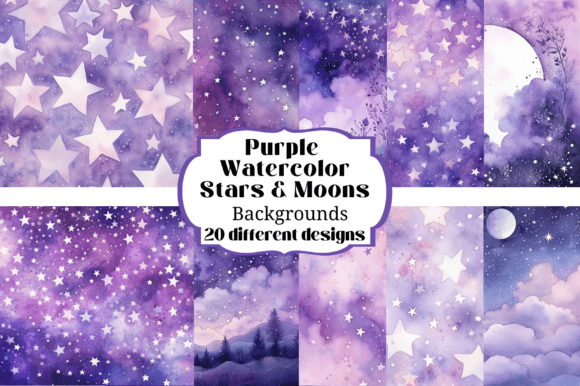 Elevate Your Creations with Purple Watercolor Stars Moon Backgrounds